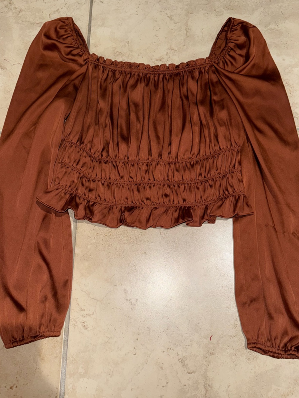 Bar III Rust Brown Smocked Long-Sleeve Crop Top